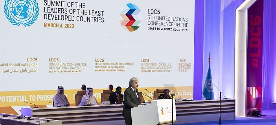 UN PhotoEvan Schneider Secretary-General Antnio Guterres delivers remarks at the Summit of the Leaders of the Least Developed Countries, in Doha Qatar.