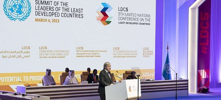 UN Photo/Evan Schneider Secretary-General Antnio Guterres delivers remarks at the Summit of the Leaders of the Least Developed Countries, in Doha Qatar.