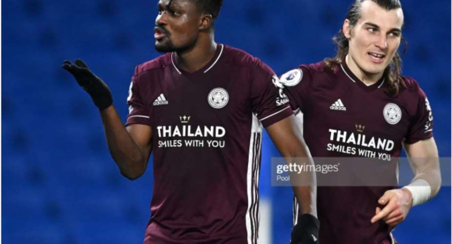 Daniel Amartey blowing a kiss to the camera after scoring his game-winning goal against Brighton on Matchday 28 of this Premier League season. Photo: Getty Pool
