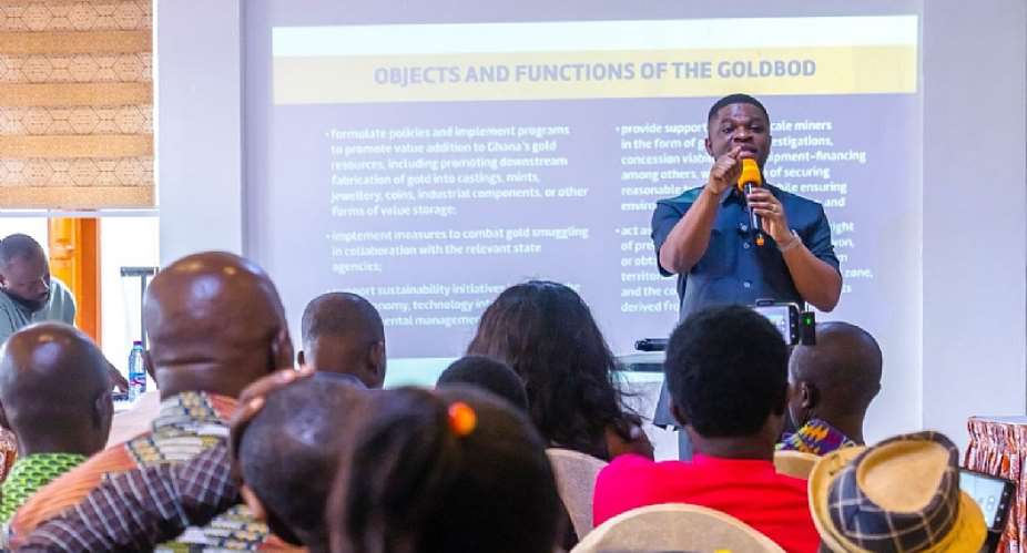Acting Managing Director of the Precious Minerals Marketing Company (PMMC), Sammy Gyamfi Esq. engaging key stakeholders in Tarkwa
