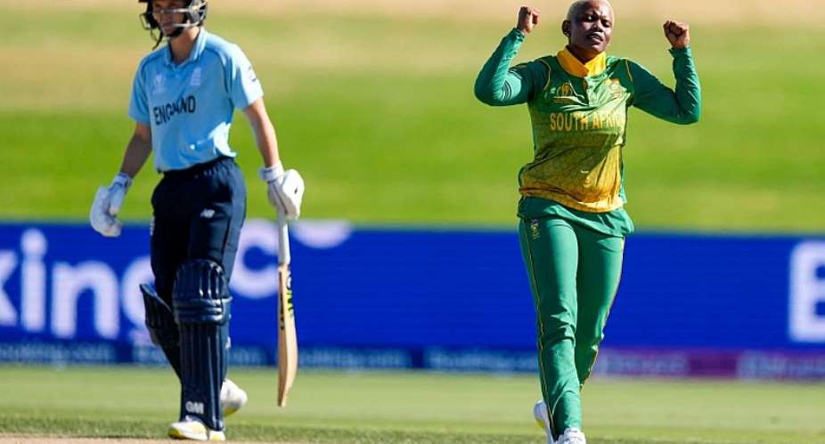 South Africaamp;39;s Masabata Klaas right celebrates a victory against England. - Source: JOHN COWPLANDAFP via Getty Images