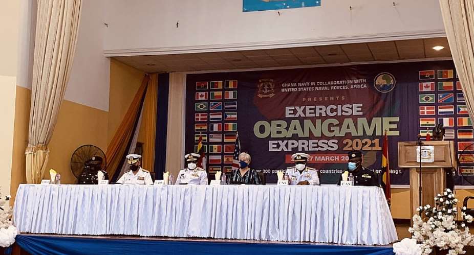 U.S. Ambassador Stephanie S. Sullivan, Vice Admiral Seth Amoama Chief of Defence Staff of the Ghana Armed Forces and other dignitaries at the opening ceremony of Obangame Express 21