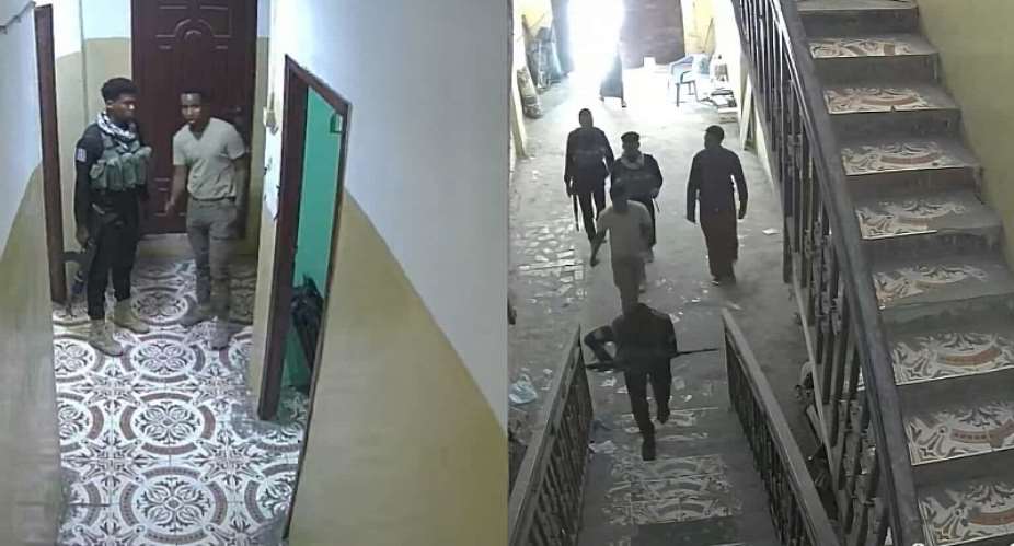 Screenshots from CCTV footage showing Somali police arriving at Risaala Media Corporation’s offices in the capital Mogadishu, where they shuttered its studios, on March 18, 2025. (Screenshot: Risaala Media Corporation)
