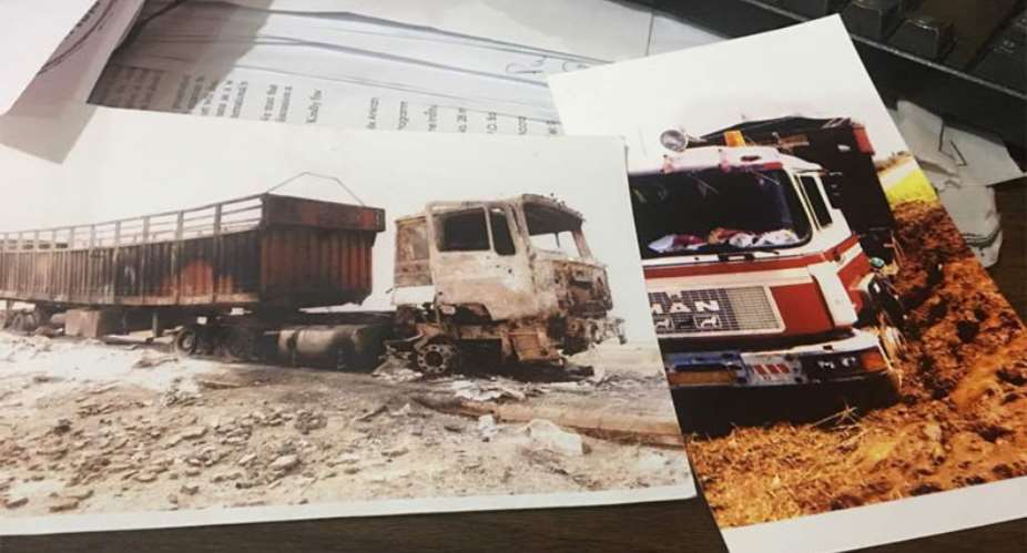 The articulator truck before and after it was torched by the insurgents