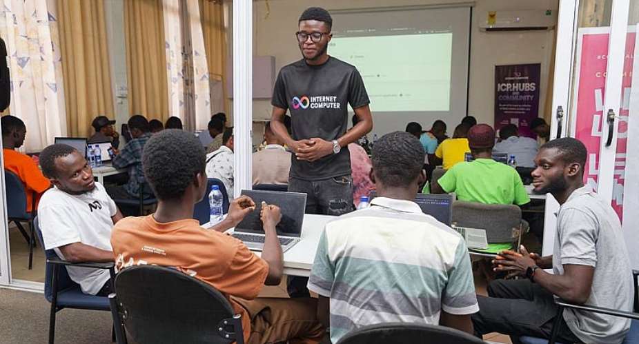 A photo from a recent ICP HUB Ghana developer workshop, showing participants engaged in hands-on learning