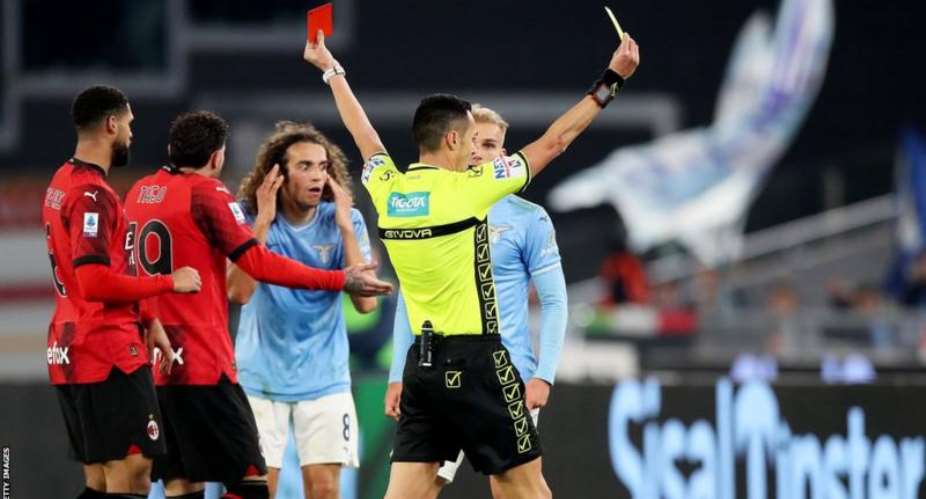 Lazios Matteo Guendouzi was shown a red card, with AC Milans Christian Pulisic booked, for an incident at the end