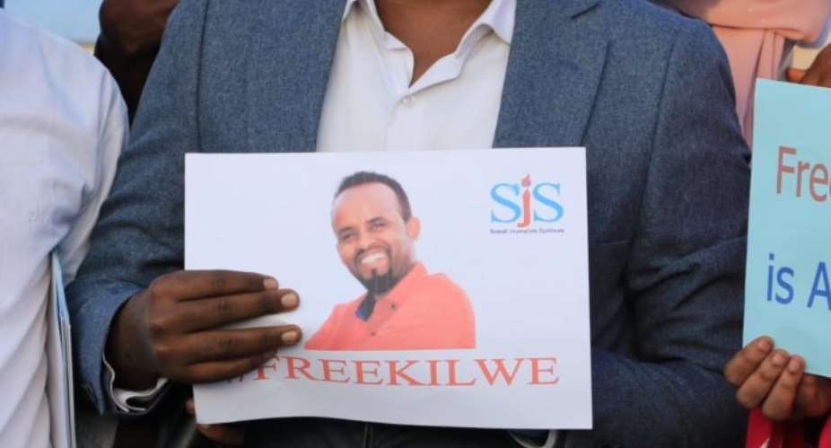 Kilwe portrait is held at a journalists' protest organized by SJS in Mogadishu in late January 2021.  PHOTOSJS.