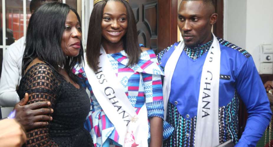 Catherine Afeku with Miss and Mr Ghana