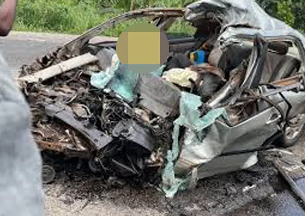 The mangled Toyota Corolla at the accident scene