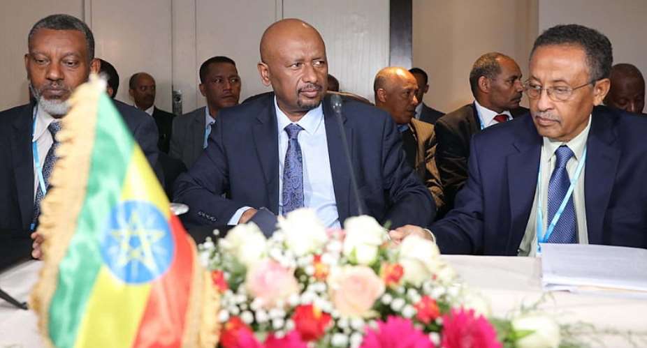 Ethiopian Minister of Water, Irrigation and Energy Seleshi Bekele C attends a meeting with his Egyptian and Sudanese counterparts, in Khartoum, Sudan, 21 December 2019.  - Source: EPA-EFEMARWAN ALI