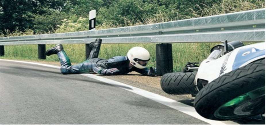Steel road crash barrier saving the motor rider