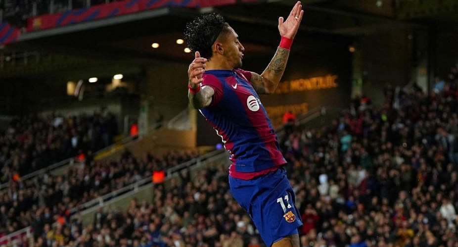 Raphinha celebrates after scoring during the Liga match Barcelona and Las Palmas at the Estadi Olimpic Lluis Companys in Barcelona on March 30, 202Image credit: Getty Images