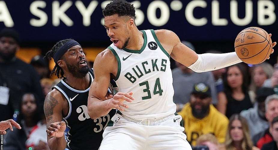 GETTY IMAGESImage caption: Giannis Antetokounmpo (right) has recorded 94 points and 38 rebounds in three games against Atlanta this season