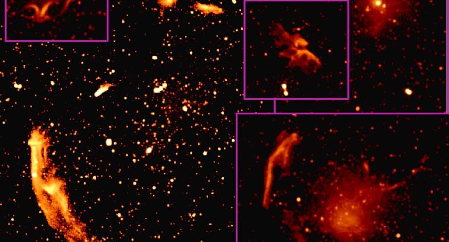 Diffuse radio emissions captured by the MeerKAT telescope spanning millions of light-years.  - Source: Visualisation by Konstantinos Kolokythas