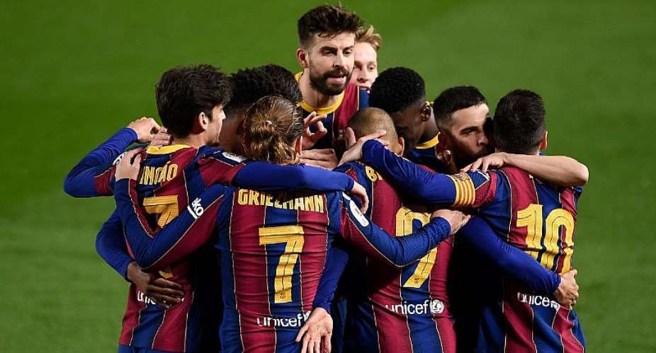 Barcelona players celebrate their third goal scored by Barcelona's Danish forward Martin Braithwaite during Spanish Copa del Rey King's Cup semi-final second leg football match between FC Barcelona and Sevilla FC at the Camp Nou stadium in BarcelonaImage credit: Getty Images