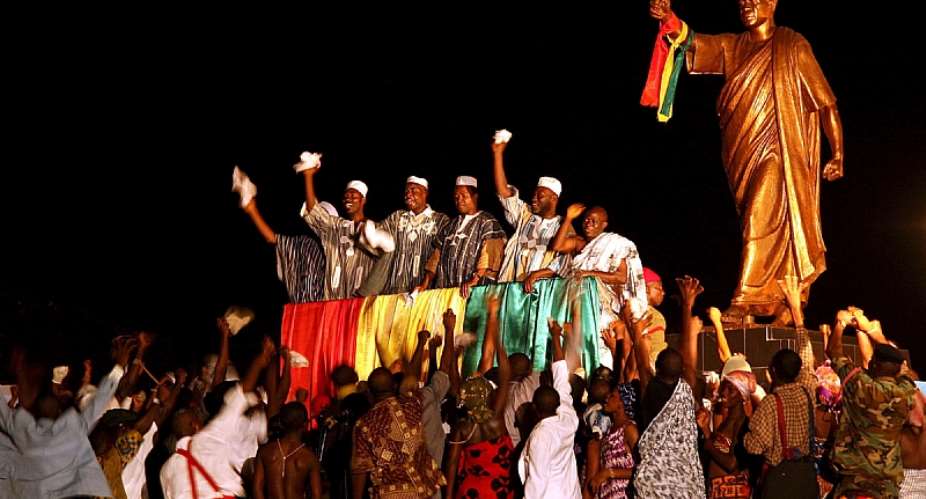Dance troupes mark the anniversary of Ghanaamp;39;s independence in the grounds of Kwame Krumahamp;39;s masuoleum in Accra in 2007. - Source: EPATugela Ridley