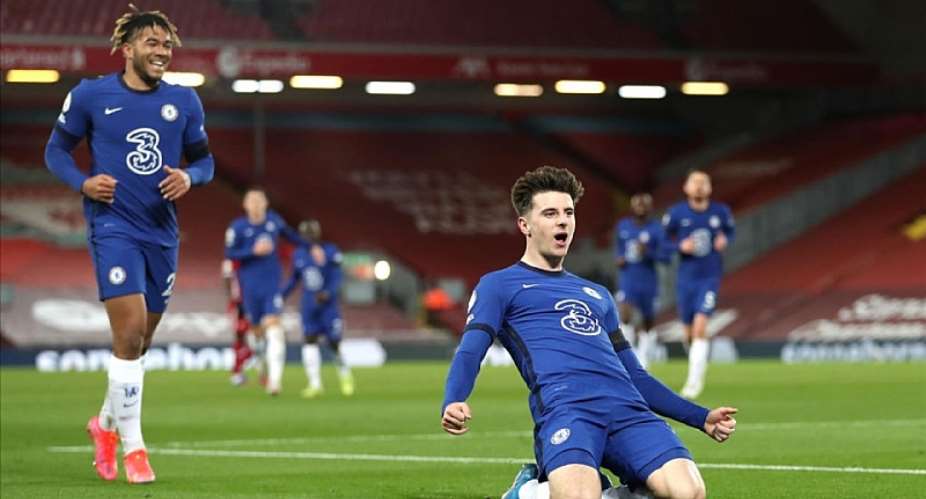 Mason Mount of Chelsea celebrates after scoring his team's first goal during the Premier League match between Liverpool and Chelsea at Anfield on March 04, 2021 in Liverpool, EnglandImage credit: Getty Images