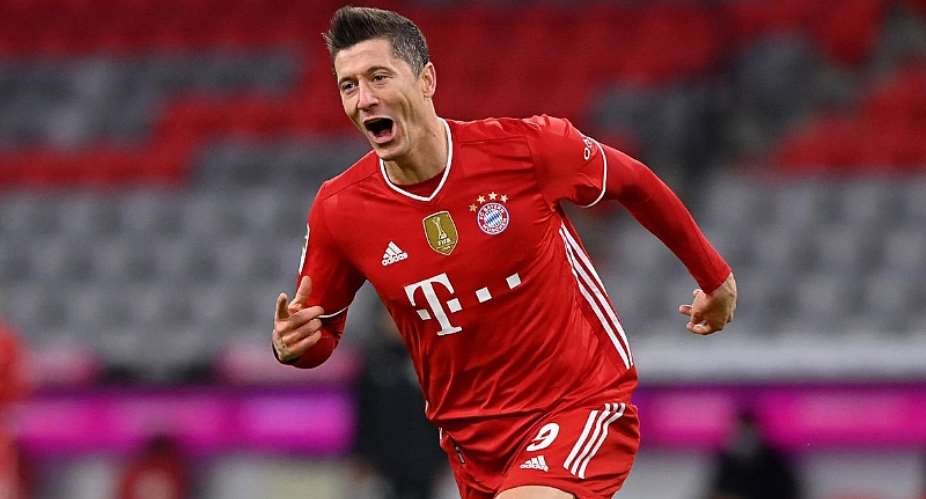 Robert Lewandowski of FC Bayern Muenchen celebrates after scoring their team's fourth goal, completing his hat-trick, during the Bundesliga match between FC Bayern Muenchen and Borussia Dortmund at Allianz Arena on March 06, 2021 in Munich, Germany.Image credit: Getty Images