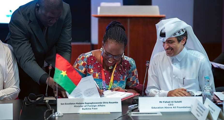 Ragnaghnewende Olivia Rouamba, Minister of Foreign Affairs, Burkina Faso and Fahad Al-Sulaiti, CEO of Education Above All signing new commitments to education projects in Burkina Faso in Doha on Tuesday.