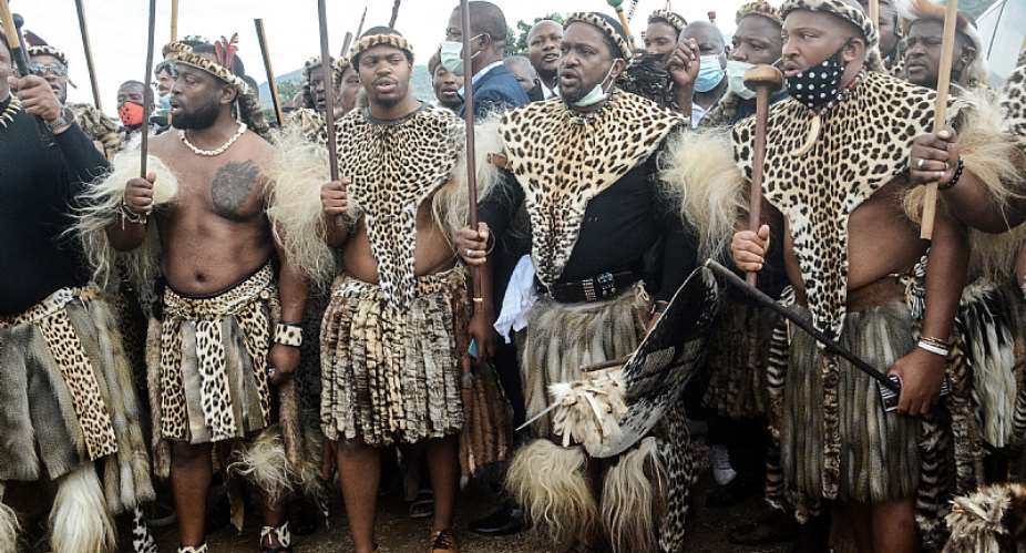 Prince Misuzulu, second from the left,  attends the provincial memorial service for his mother, the late Mantfombi Dlamini, at the Khangelakamankegane Royal Palace in Nongoma, in May 2021.  - Source: AFP via Getty Images