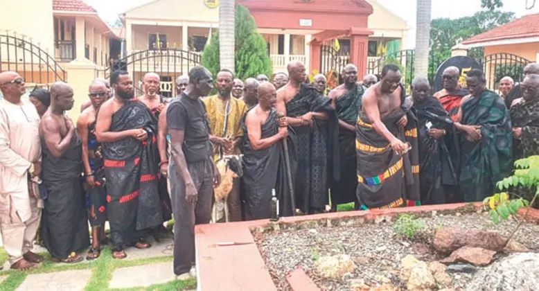 Akyeame and Nananom making libation to traditionally solidify the declaration