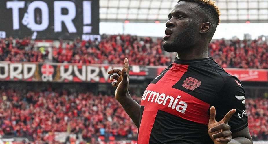 GETTY IMAGESImage caption: Victor Boniface's 25th-minute penalty set Bayer Leverkusen on their way to a 5-0 win which sealed the club's maiden Bundesliga title