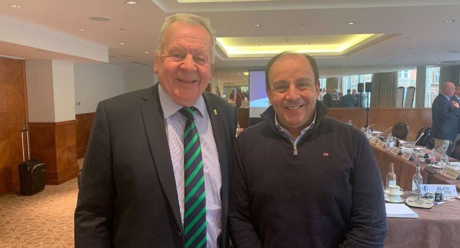 World Rugby President, Sir Bill Beaumont, with the President of Rugby Africa, Khaled Babbou.