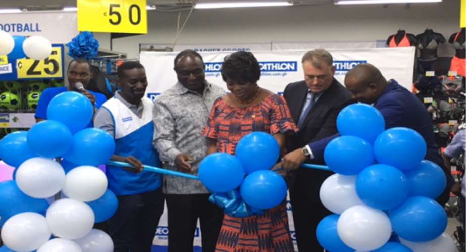 The CEO of Decathlon Ghana Kwasi Tabury, Trade and Industry Minister Alan Kojo Kyeremanteng, Tourism Minister Mrs Catherine Afeku, the French Ambassador to Ghana HE Francois Pujolas, Deputy Sports Minister Pius Enam Hadzide.