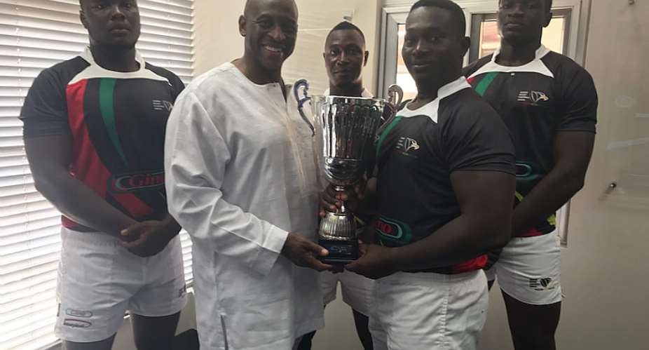 The President of Ghana Rugby, Herbert Mensah, with some of the Ghana Rugby national team members, the Ghana Eagles, at the presentation of the new kit and equipment. From left to right: Micheal Arthur, Herbert Mensah, Salisu Abdul Rahman, Ako Wilson Captain and Aminu Nasir.
