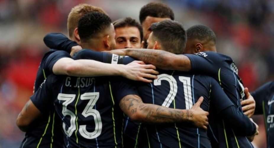 Manchester City's Gabriel Jesus celebrates scoring their first goal. Photograph: John SibleyAction Images via Reuters