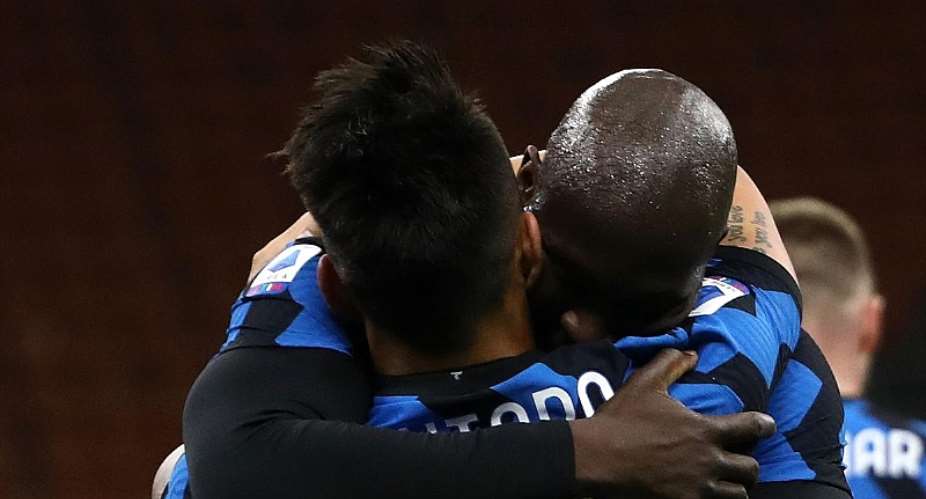 Lautaro Martinez of Internazionale celebrates with team mate Romelu Lukaku after scoring their side's second goal during the Serie A match between FC Internazionale and US Sassuolo at Stadio Giuseppe Meazza on April 07, 2021 in Milan, Italy.Image credit: Getty Images