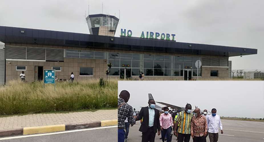 Ho Airpot. Inset: Transport Minister, Kwaku Ofori Asiamah and Volta Minister, Dr. Archibald Yao Letsa on the tarmac of the Ho Airport