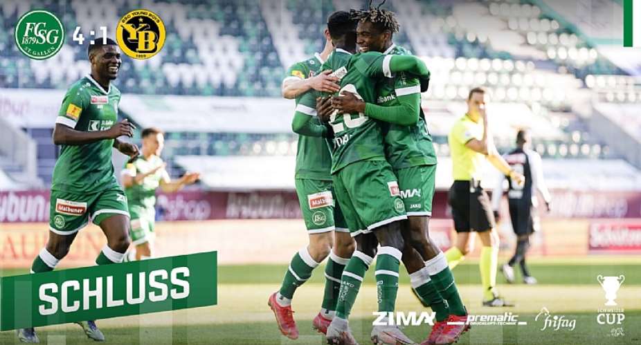 Kwadwo Duah far right runs to his teammates to celebrate a goal against Young Boys on Thursday. Photo CreditFC St. Gallen