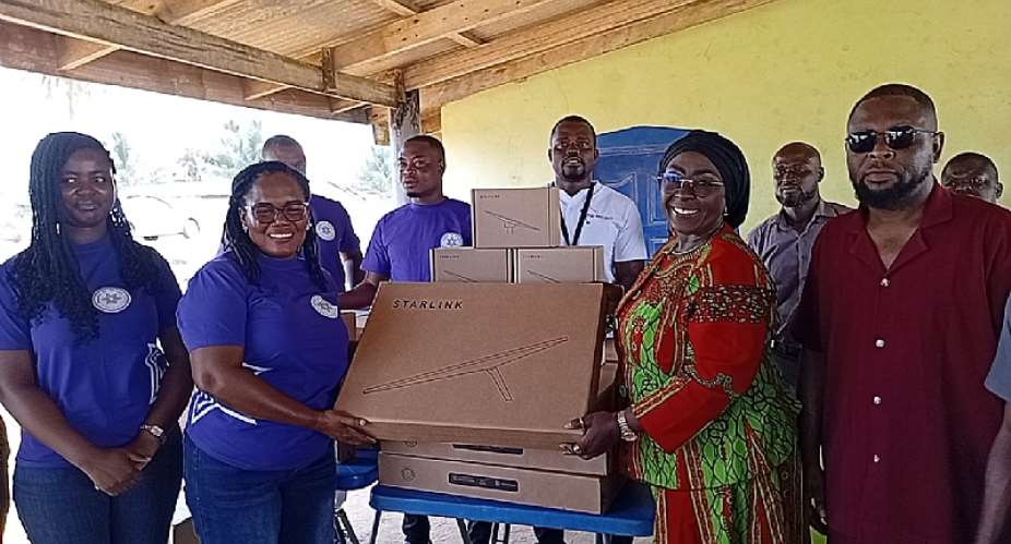 Stella Kudah, Country Director for Friends of Adaklu with the MP for Ketu South, Hon Abla Dzifa Gomashie donating Starlink devices to schools in Ketu South