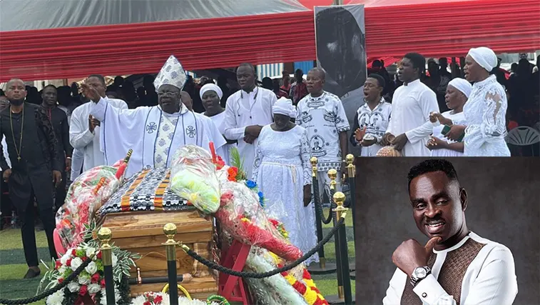 The casket of the remains of Yaw Sarpong. INSET: The late Yaw Sarpong
