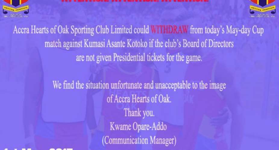 Breaking News: Hearts of Oak threaten to withdraw from Cup match with Kotoko over ticket snub for directors