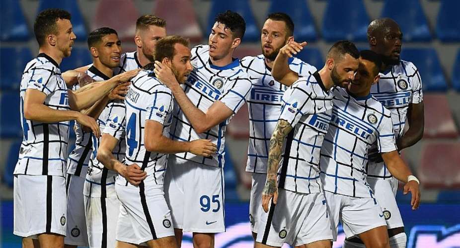 Christian Eriksen of FC Internazionale celebrates with team-mates after scoring the opening goal during the Serie A match between FC Crotone and FC Internazionale at Stadio Comunale Ezio Scida on May 01, 2021 in Crotone, Italy.Image credit: Getty Images