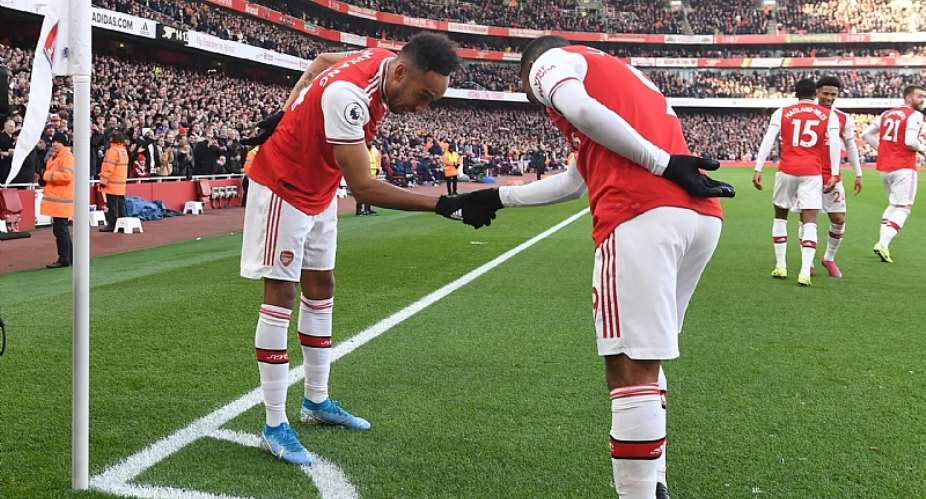 Pierre-Emerick Aubameyang celebrates scoring for Arsenal with R Alex Lacazette during the Premier League match between Arsenal FC and Chelsea FCImage credit: Getty Images