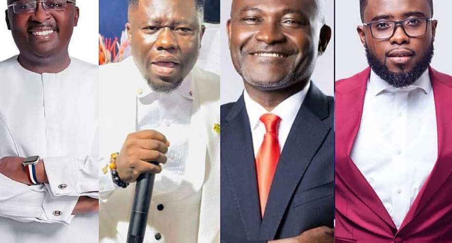 Image collage of Dr. Mahumudu Bawomia, former Vice President of Ghana (Extreme left), Proph. Emmanuel Worlasi, Hon. Kennedy Agyapong and El Bernard Eshun