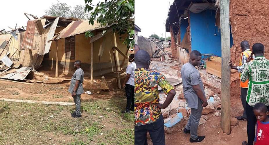 Inspecting the damages are the NADMO officials and MP for Tano South Constituency