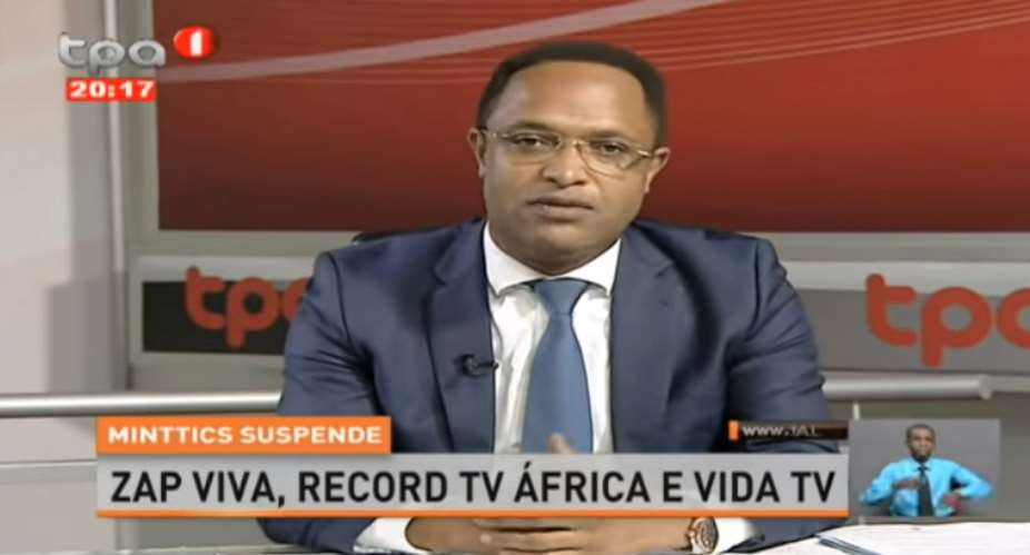 Nuno Albino, Angolas secretary of state for media, is seen in an interview on state broadcaster Televiso Pblica de Angola, discussing the country's suspension of three TV channels for alleged registration issues. Photo: TPAYouTube