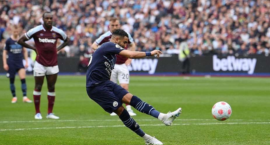 Riyad Mahrez of Manchester City has their penalty saved by Lukasz Fabianski of West Ham United not pictured during the Premier League match between West Ham United and Manchester City at London Stadium on May 15, 2022 in London, England.Image credit: Getty Images