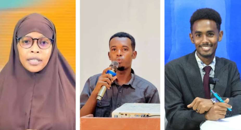 Somali journalists (from left) Anisa Abdiaziz Hussein and Abdullahi Abdulqadir Ahmed of Himilo TV and Abdirizak Abdullahi Adan of Mustaqbal Media