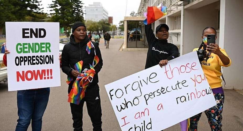 LGBTQ activists in Botswana respond to the Coalition of Botswana Christian Churches against homosexuality, July 22, 2023 that protested legislation seeking to make same-sex relation legal. - AFP - MONIRUL BHUIYAN