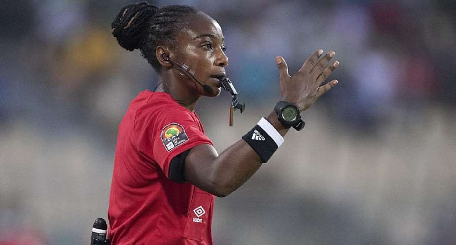 Salima Mukansanga of Rwanda in action as she becomes the first woman to referee a match at the finals of the Africa Cup of Nations during the Group B Africa Cup of Nations CAN 2021 match between Zimbabwe and Guinea.Image credit: Getty Images