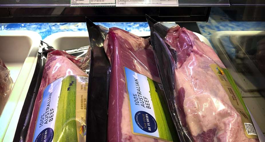 Packages of beef imported from Australia are on sale at a supermarket in Beijing, Friday, May 15, 2020. - www.voanews.com