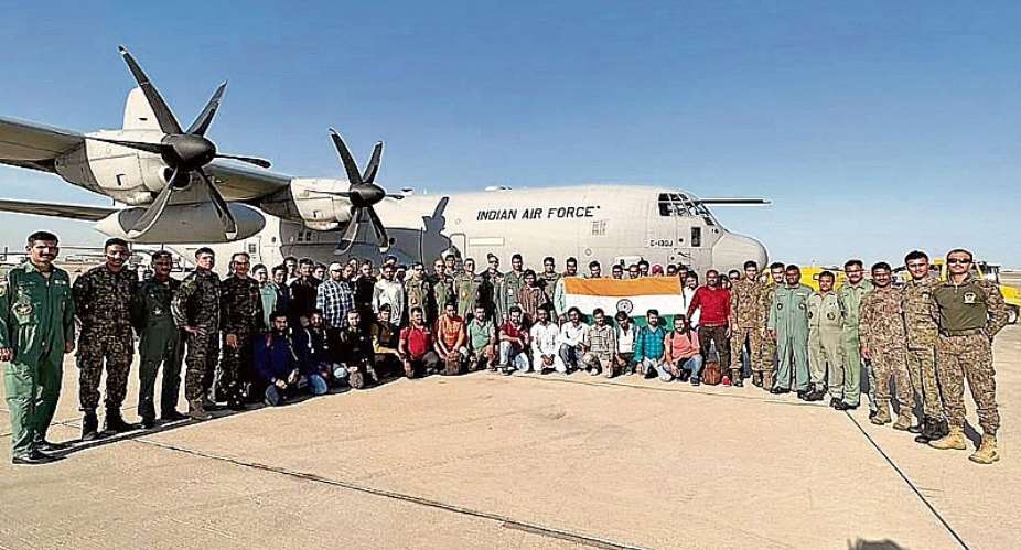 Indians evacuated from war-torn Sudan prior to leaving for New Delhi in Jeddah on Sunday. ANI