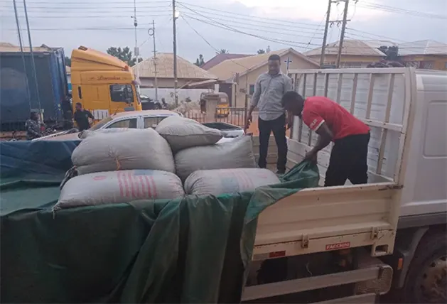 The dried cocoa beans being offloaded from the vehicle