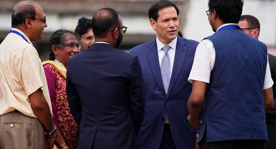 US Secretary of State Marco Rubio speaks to Indian officials before boarding his plane to New Delhi at Netaji Subhash Chandra Bose International Airport in Kolkata, India, May 23, 2026. -  Julia Demaree Nikhinson, Reuters
