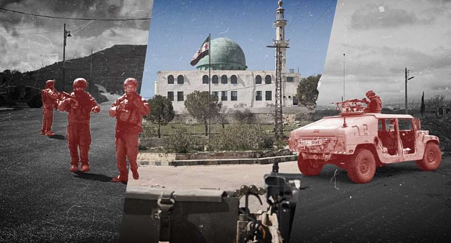 These three photos show Israeli soldiers carrying out patrols and manning checkpoints in Quneitra province in southern Syria. -  Observers